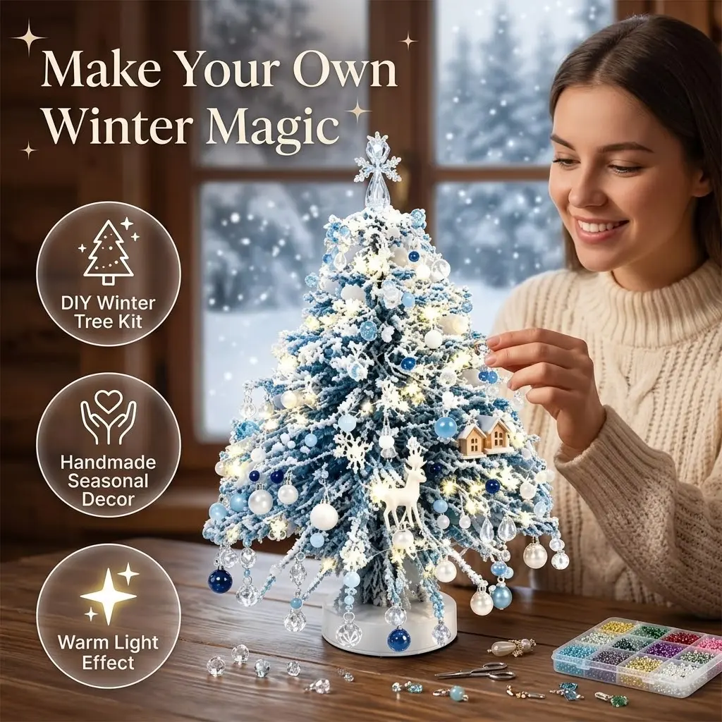 DIY Beaded Christmas Tree Kit, Crystal Bead Christmas Craft Set with Metal Tree Frame, Angel Topper, LED Light String & Ornament Charms, Handmade Tabletop Holiday Decoration (Assembly Required)