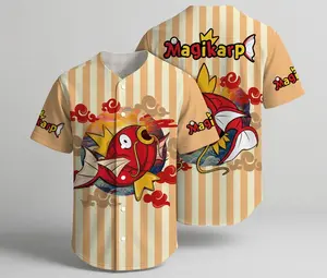 Magikarp Baseball Jersey, Funny Red Fish Graphic Jersey Shirt, Retro Striped Button Up Summer Shirt, Cool Baseball Shirt Gift