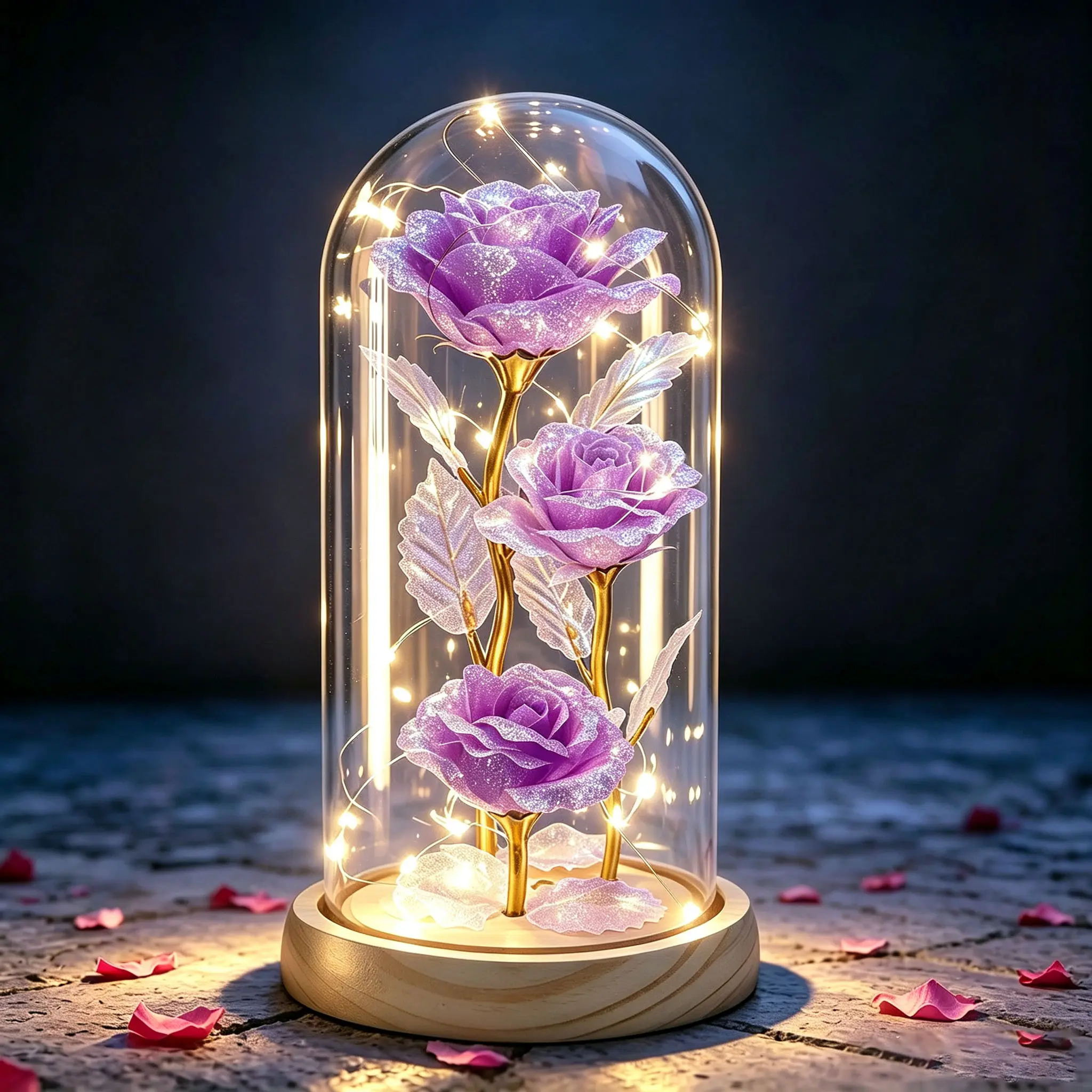 LED Glitter Purple Everlasting Rose Flower in Dome,Eternal Romantic Creative Gift for Women - Valentine's, Mother's Day , Birthday, Christmas Gift for Her, Wife, Mom, Girlfriend, Love, Friendship Perfect gift Surprise Idea