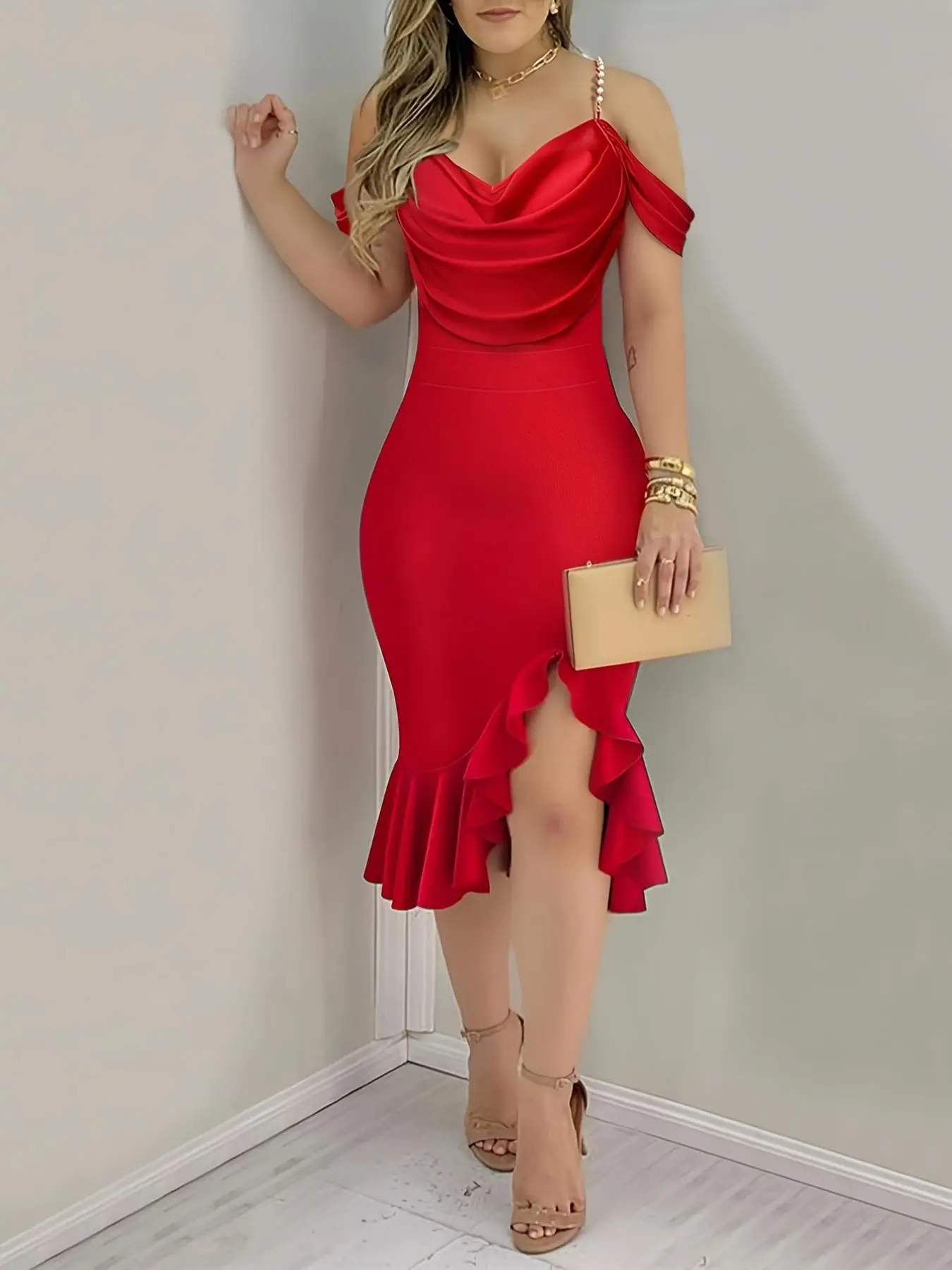 Women's Faux Pearl Decor Cold Shoulder Ruffle Hem Dress, Elegant Backless High Low Hem Bodycon Dress for Party Club Dating Wear, Women's Clothing for