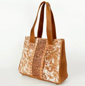 Western Tooled Leather Tote Bag with Hair-On Hide by American Darling