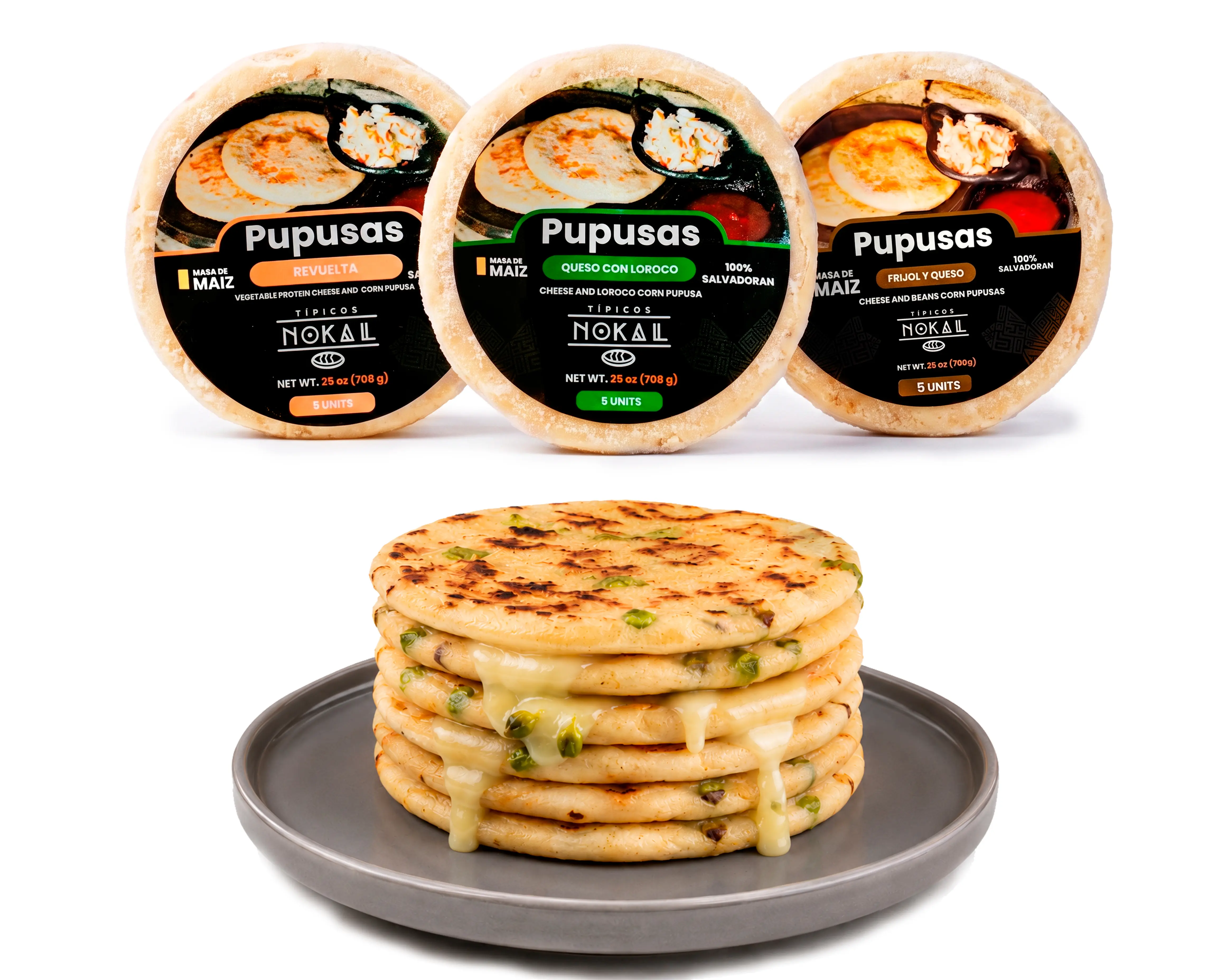 Typical Nokal Pupusas Mix, 5 Bean & Cheese, 5 Cheese & 5 Loroco and Soy Revuelta Pupusas, Authentic Salvadoran Pupusas, 15 Ct, 75 oz. Family Pack