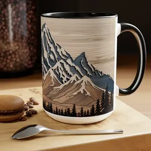 Mountain Mug NOT REAL WOOD Mug Mountain Range Pine Tree Evergreen Landscape Carved Trees Outdoor Themed Cup Perfect