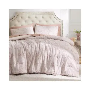 Twin Size Comforter Set, Pink Boho Tufted Bed Set, 3D Puffy Jacquard Bedding King Size, 2 Pieces, 1 Farmhouse Shabby Chic Embroidery Comforter with Bow Pattern & 1 Pillow Case