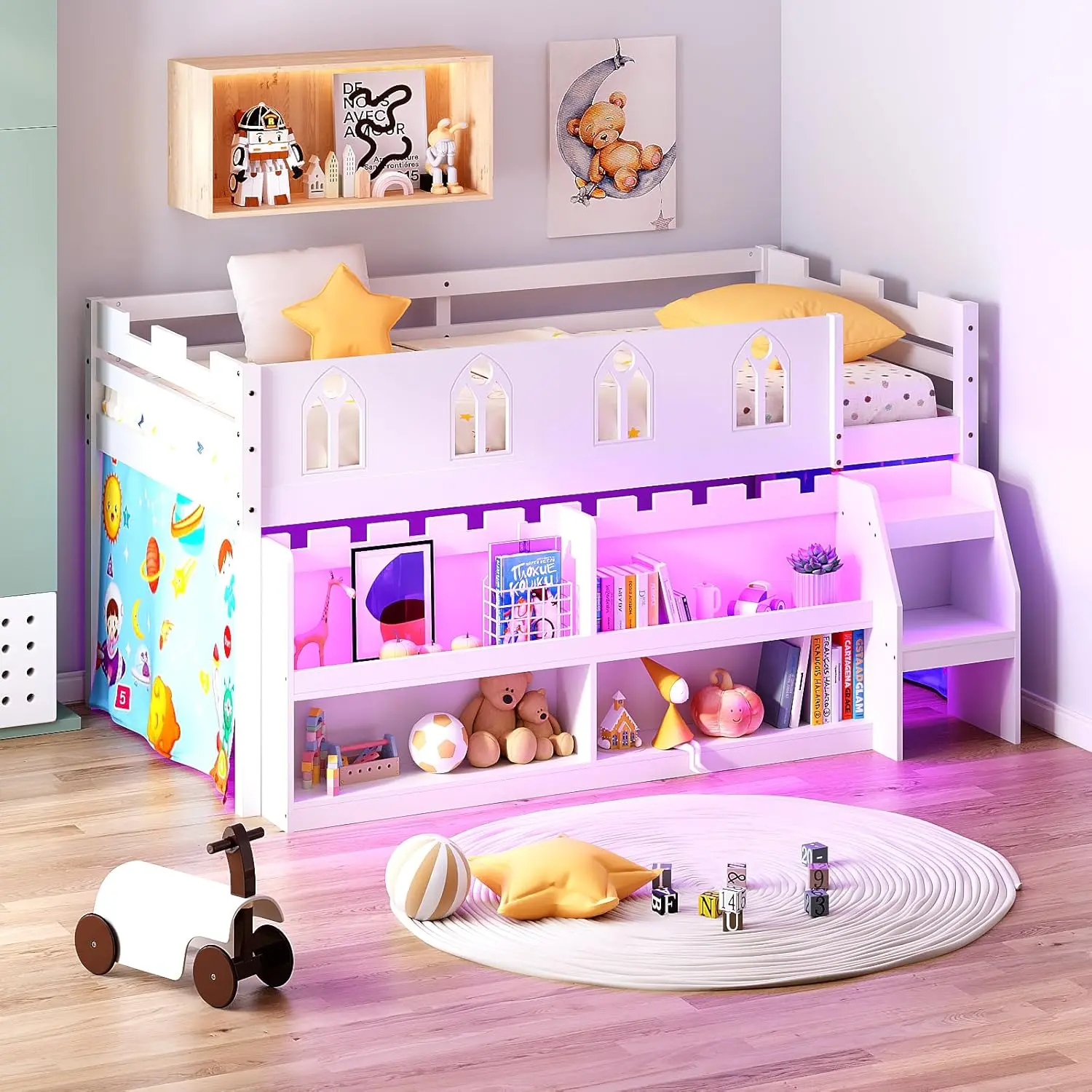 JOYMOR Low Loft Bed Twin Size with LED Lights, 4 Storage Shelves, Removable Curtain, Kids Wood Loft Bed with 15" H Safety Guardrail, Spave Saving, Mattress Not Included