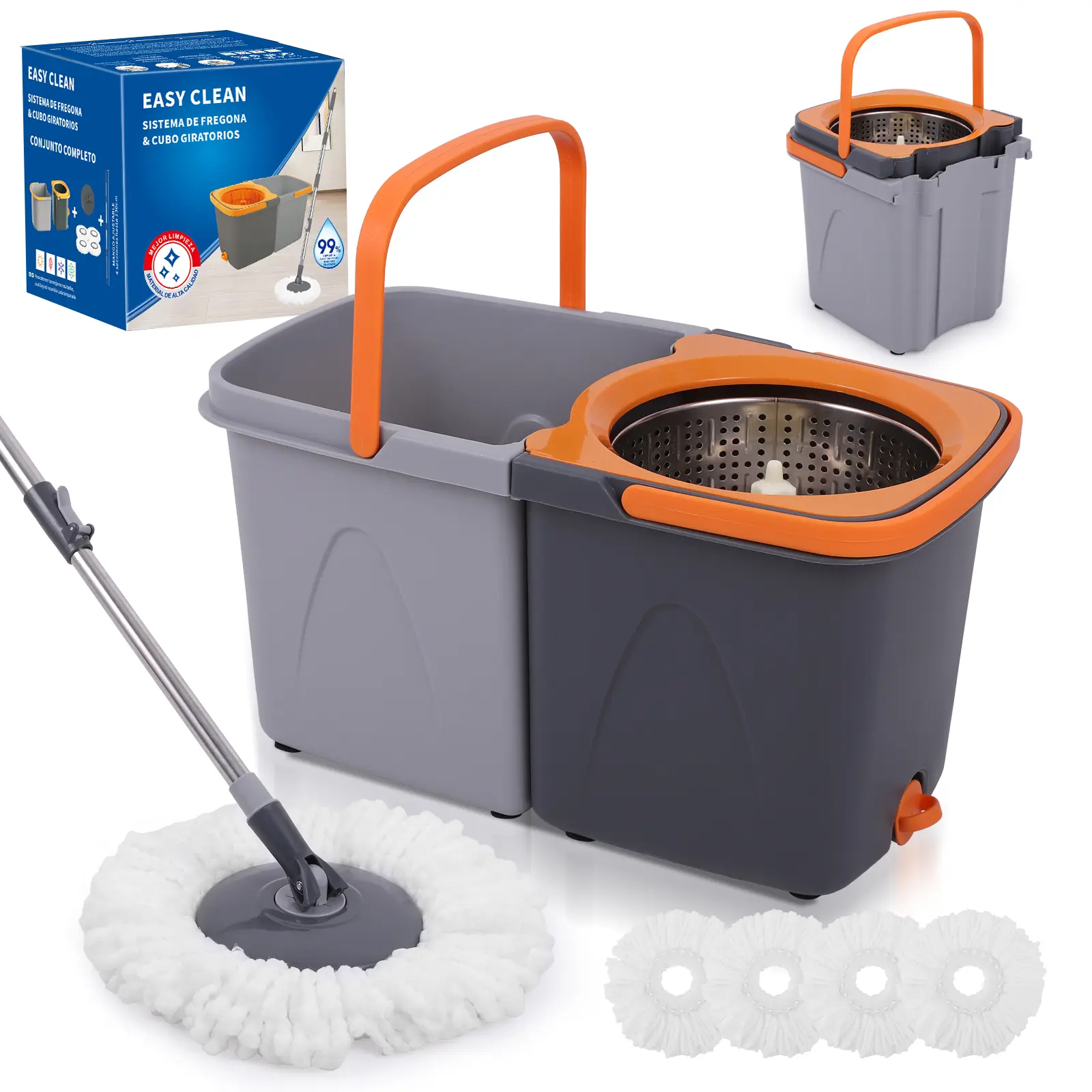 Plastic Easy-Clean Rotating Double Bucket Mop Set - Stainless Steel Spin Drying Basket, 4 Ultra-Fine Fiber-Cotton Pads, Storage-Ready Design, Lightweight Flat Mop, Labor-Saving Rotary Tool for Deep Floor Cleaning, Microfiber Cleaning Mop
