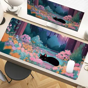 Dreamy Floral Cat Desk Pad Gaming Mousepad XXL Mouse Pad For Laptop Desk Mouse Pad Extra Large With Non-Slip Rubber Base Stitched Edges Surface For PC Gamers Office Workers & Home Use Perfect Gift For Nature Lovers And Fantasy Enthusiasts