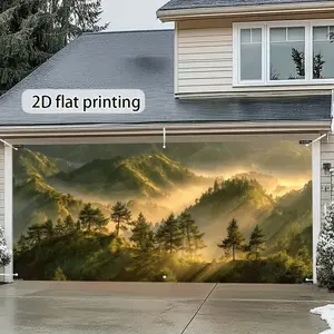 Custom 2D Flat Print Mountain Scene Garage Decor Curtain, Forest Morning Light Natural Scenery Roll-Up, Home Outdoor Sunshade Windproof Curtains