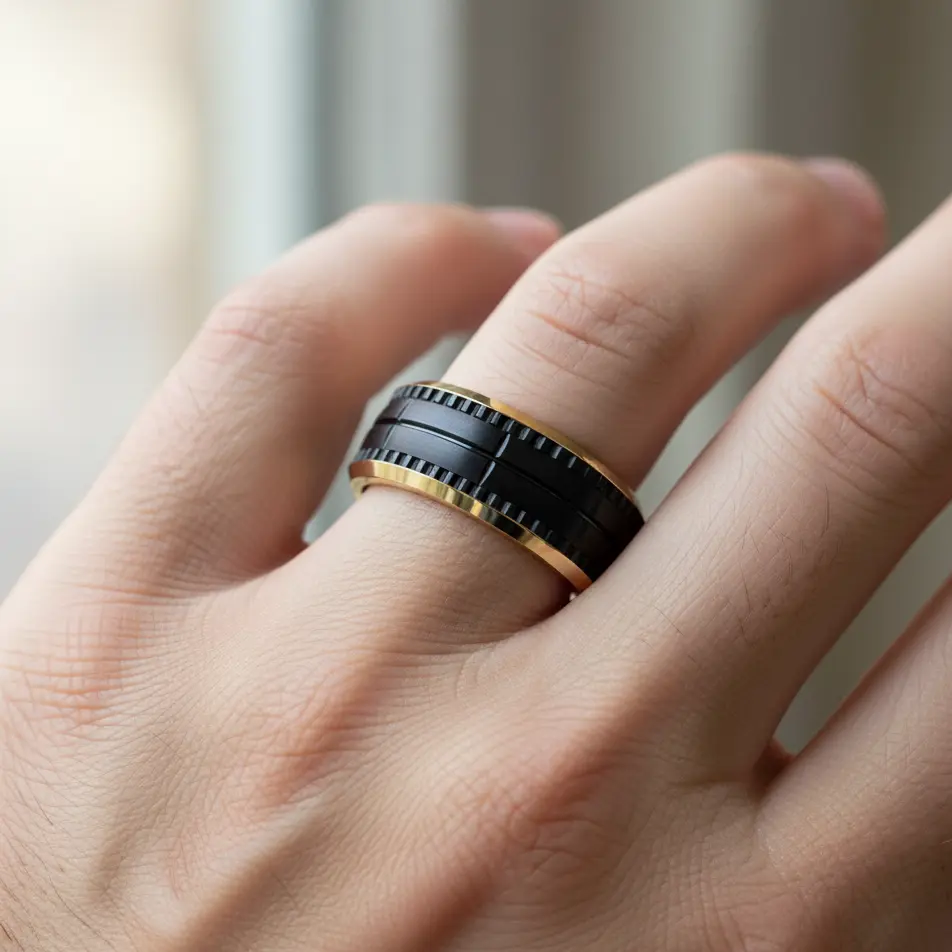 Yellow Gold Plated Tungsten Wedding Ring, Unique Tungsten Ring, Gold Inside, Black Outside, 8 mm Men's Tungsten Wedding Band, Man's Engagement Ring