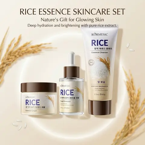 KORMESIC Korean Rice 3-Piece Skin Care Set - Women's Cleanser, Essence, Moisturizer 3-in-1 Value Package, Self Care Bundle Box, Glow Up, Hydrating, Nontoxic, Gentle Nourishment, Cream Protection, High-Quality Gift Set