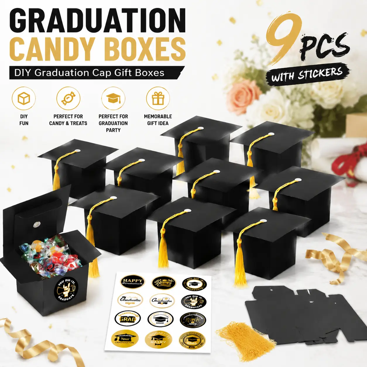 9Pcs DIY Paper Graduation Hat Gift Box with DIY Stickers - Foldable Black Bachelor Hat-Shaped Box for Party, Festive Favors, Candy, Chocolate