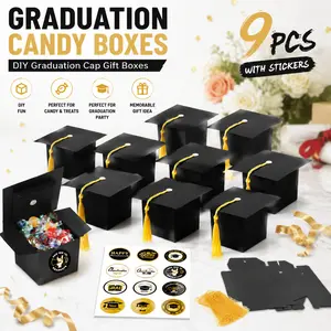 9Pcs DIY Paper Graduation Cap Gift Box with Stickers – Black Bachelor Hat Box for Candy, Chocolate, Graduation Favor & Wedding Candy#SummerVibes