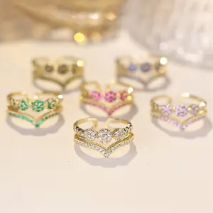 Delicate double V-shaped rings for women synthetic zircon opening ring ladies fashion personality versatile ring suitable for party wedding daily wear