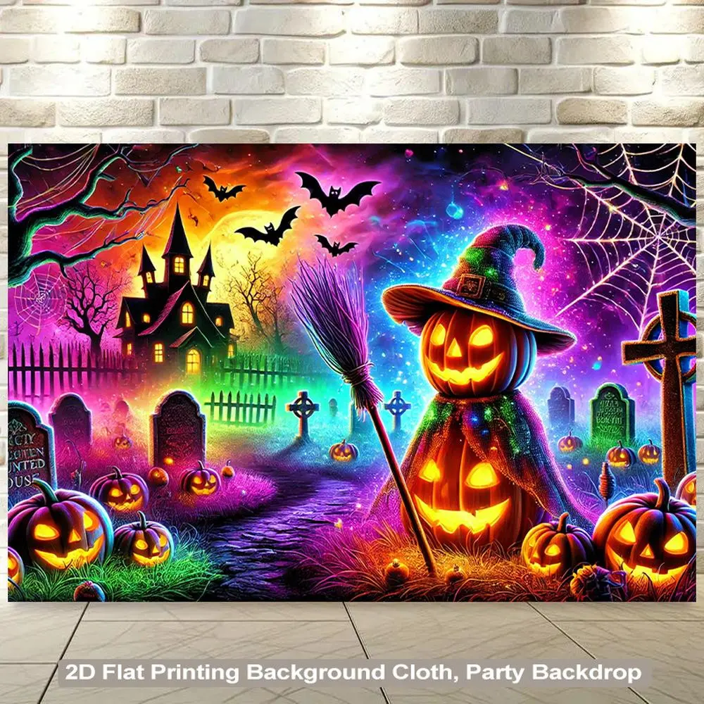 1pc 2D Flat Halloween Backdrop Banner - Spooky Theme with Pumpkin, Haunted House, Bats, Full Moon - Vibrant Orange, Purple, Black, White, Pink, Blue, Green, Yellow, Red - Electricity-Required, Easy-Hanging Textile Backdrop
