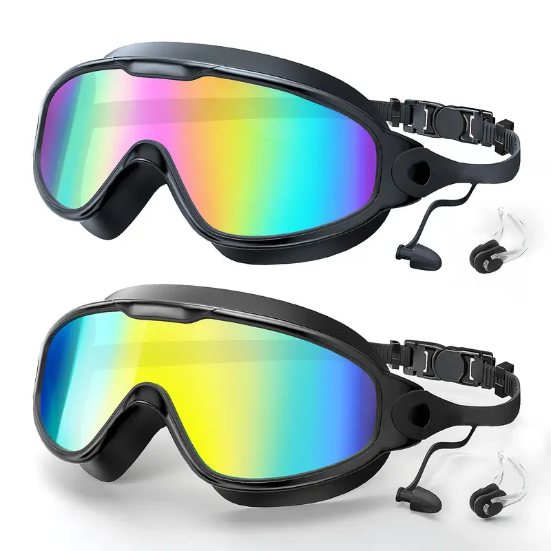 Unisex 2-Piece Outdoor Swimming Goggles Set with Anti-UV Anti-Fog Lens, Earplugs, Nose Clip - Splash Protection for Lake/Pool Water Sports, One Size UV Protective Goggles