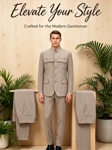 Vintage Stand Collar Military Inspired Two Piece Men Suit Outfit Decorative Gold Button Field Coat With Matching Trousers, Various Color Selections, Perfect For Groom Attire, Evening Gatherings,  Travel Trips And Distinctive Smart Formal Styling