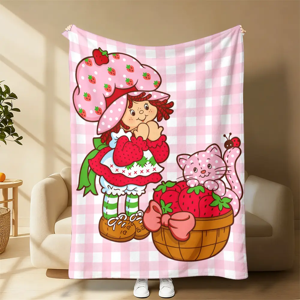 Countdown Sale! Trendy Cartoon Strawberry Shortcake Flannel Blanket - Cozy Aesthetic, Soft, Skin-Friendly, Animal Character Figures Blanket for Sofa, Winter Gift for Children, Suitable for Fans & Friends