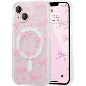 Magnetic for IPhone 14 & IPhone 13 Case, Bow Case Compatible with MagSafe, Wireless Slim Clear Ribbon Phone Cover Anti-Yellowing Shockproof Protective Cover for IPhone 16 & 17 Black for Women Girl