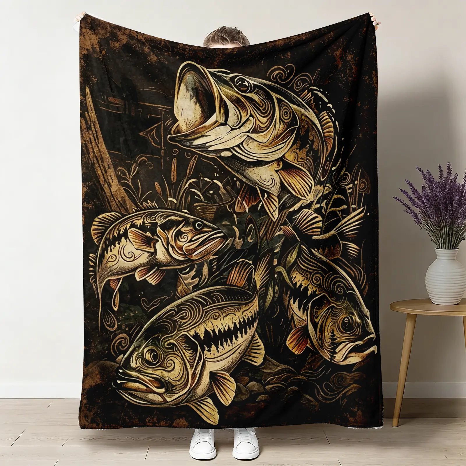 Fish Print Flannel Throw Blanket - Classic, Breathable, Soft, Lightweight, Warm, Multi-Size (50"x60" Included), Travel-Ready, Ideal for Bedroom Use, Perfect Gift for Family, Throw Blankets, Blankets For Bedroom
