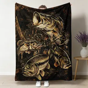 Fish Print Flannel Throw Blanket - Classic, Breathable, Soft, Lightweight, Warm, Multi-Size (50"x60" Included), Travel-Ready, Ideal for Bedroom Use, Perfect Gift for Family, Throw Blankets, Blankets For Bedroom