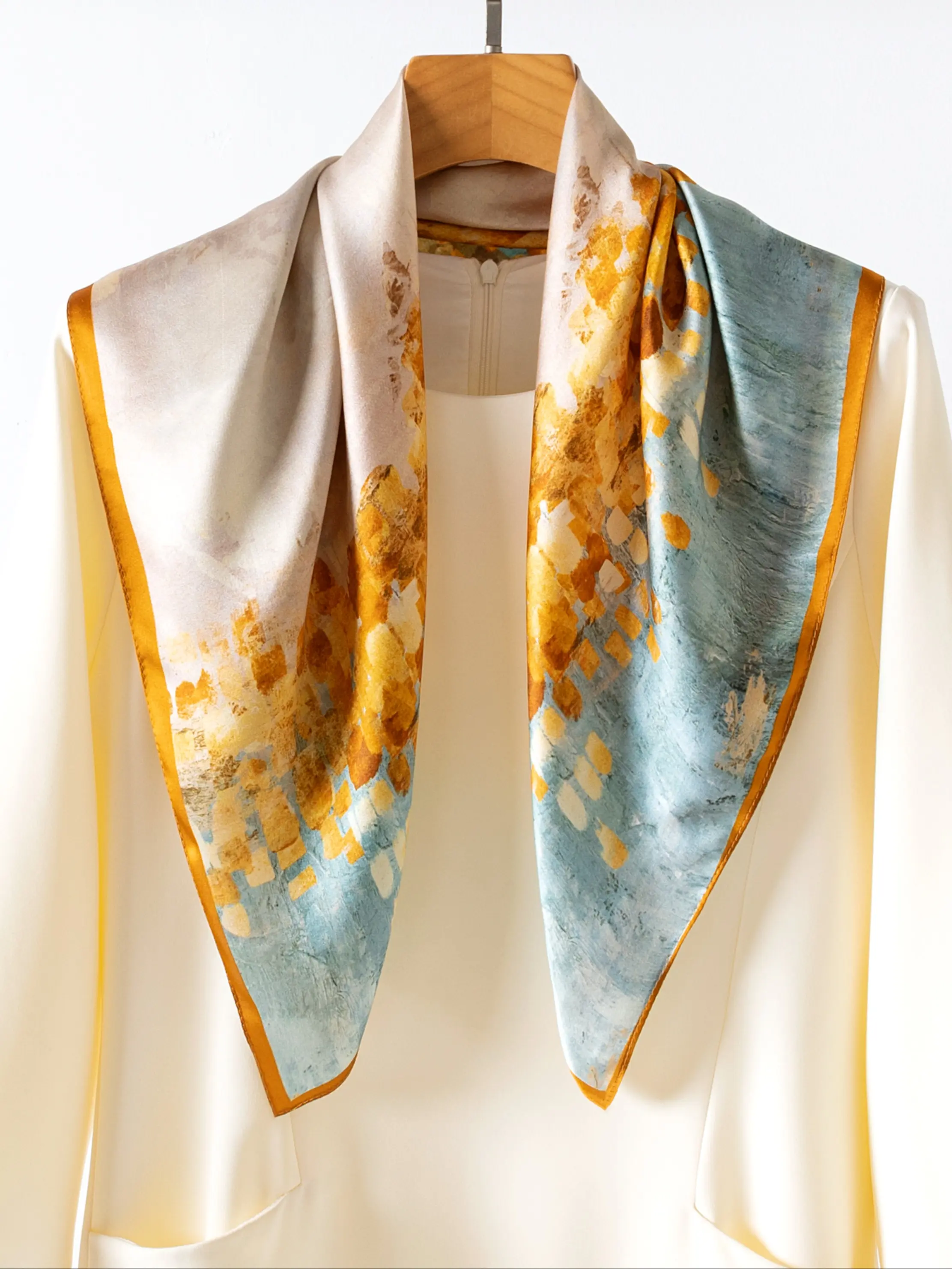 25.59inch Watercolor Print Silk Neck Scarf Wrap, Abstract Oil Painting Pattern, 100% Mulberry Silk, Lightweight, Soft, Ideal Gift for All Seasons, Silk Scarves