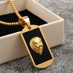 Men's Bold Lion Head Military Dog Tag Pendant, Gold Plated Titanium Steel, Hip Hop Fashion Jewelry