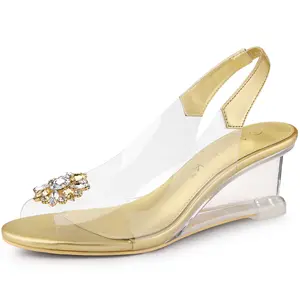BLISSFUL STEP Clear Slingback Wedges Rhinestone Peep Toe Heels Sandals