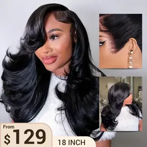 【Rich Chestnut Brown Color】18“ Limited Stock:Trendy Butterfly Cut Face- Framing Peacock Curls Pull Go 13x6 Full Glueless Lace Front Wig Pre-Styled Heavy Layers Cut Body Wave Natural hairline Human Hair 250% Density Wave Wig