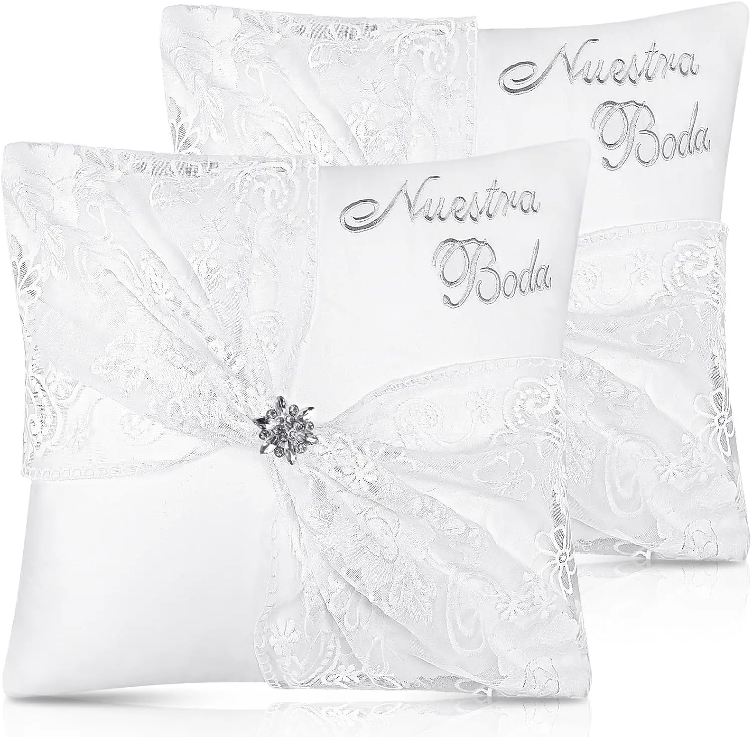 Classic 2-Pack Unfilled Wedding Kneeling Pillow Covers, 17x15 in Embroidered Nuestra Boda Prayer Pillows with Flower Satin Lace, Rhinestone-Embellished Bodas Decor