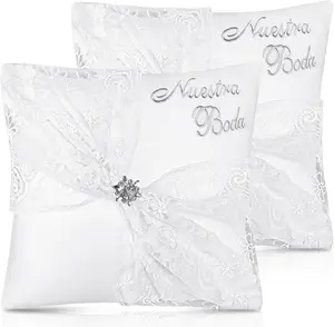 Set of 2 Wedding Kneeling Pillows Cover, 17 x 15 Inch Embroidered Nuestra Boda Prayer Kneeling Pillows, Cushion Covers  Flower Satin Lace, Decoration for Bodas(Classic)