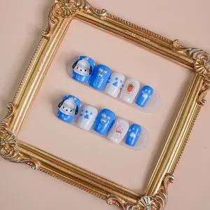 【FINAL SALE!】Animal Party Lunasun Puppy Kitten Short Nails with Rhinestone, Faux Pearl & Bow Decor Press On Nails - Japanese Anime Sweet Girl Design