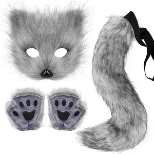 Faux Fur Cat Fox Mask Tail and Paw Set, Wolf Furry Suit Plush Therian Accessories Kit Halloween Masquerade Cosplay Costume for Girls Women