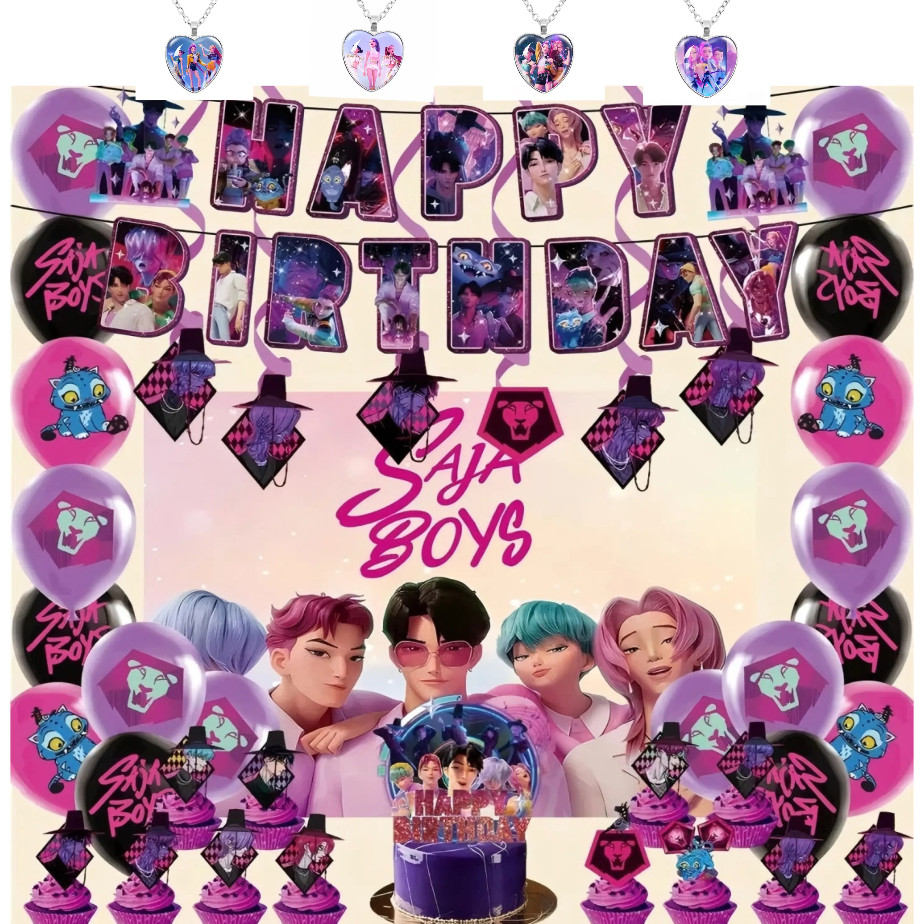 Kpop boy birthday banner decoration set, including balloons and backdrop, a must-have birthday surprise for anime fans.