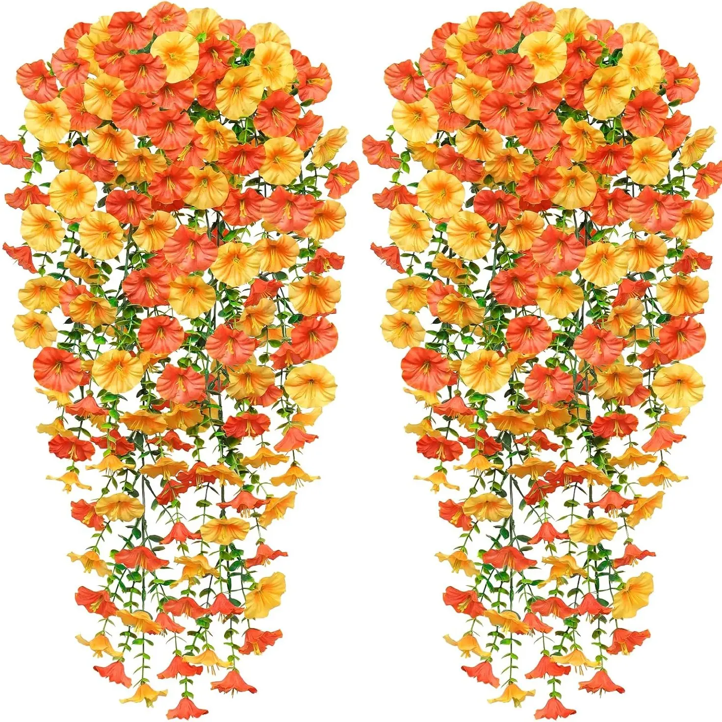 Artificial Hanging Morning Glory and Eucalyptus Leaf Flowers - Realistic orange-yellow flowers, UV-resistant, Fake Flowers For Outdoor, Decorative for indoor and outdoor, suitable for weddings, gardens - Maintenance-free year-round