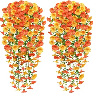 Artificial Hanging Morning Glory and Eucalyptus Leaf Flowers - Realistic orange-yellow flowers, UV-resistant, Fake Flowers For Outdoor, Decorative for indoor and outdoor, suitable for weddings, gardens - Maintenance-free year-round