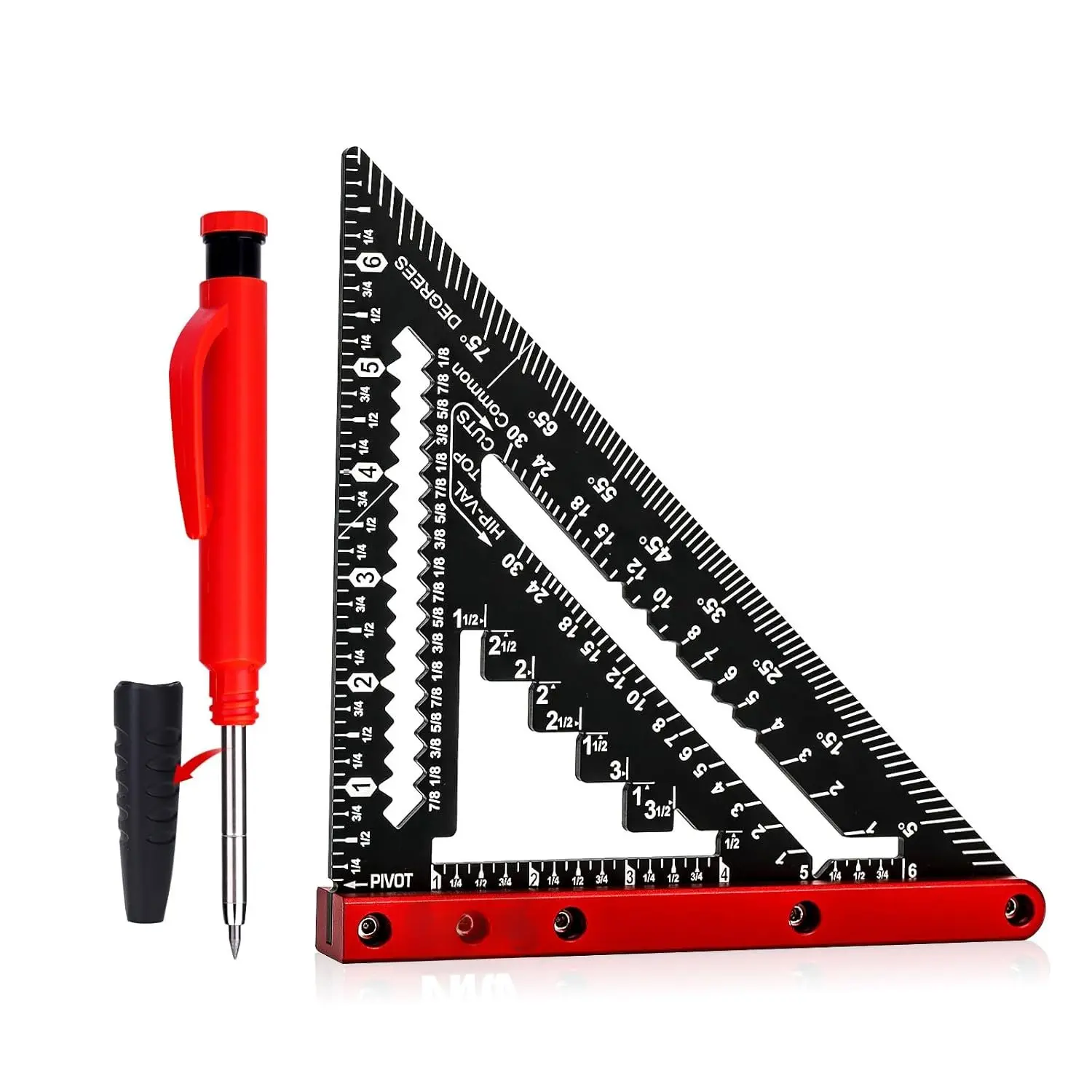 7inch Rafter Square with Carpenter Pencil, 1/8" Precision Heavy Duty  Woodworking Rule,Triangle Ruler Measuring Layout Tool (Black, Rafter Square)
