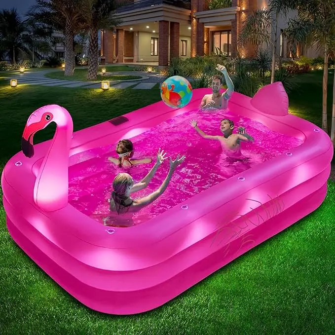 Inflatable Pool for Kids & Adults with LED Lights Large Blow Up Swimming Pool Solar Flamingo Kiddie Pool Family Backyard Pool Thick Durable PVC Outdoor Summer Pool 100 x 63 x 20 Inch Pink