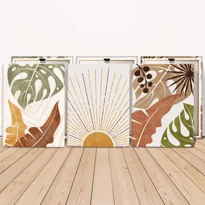 Wooden Framed Canvas Painting, 3 Counts/set Boho Style Sun and Plants Pattern Wall Art, Modern Art for Home Living Room Bedroom Office, Modern Home Decoration