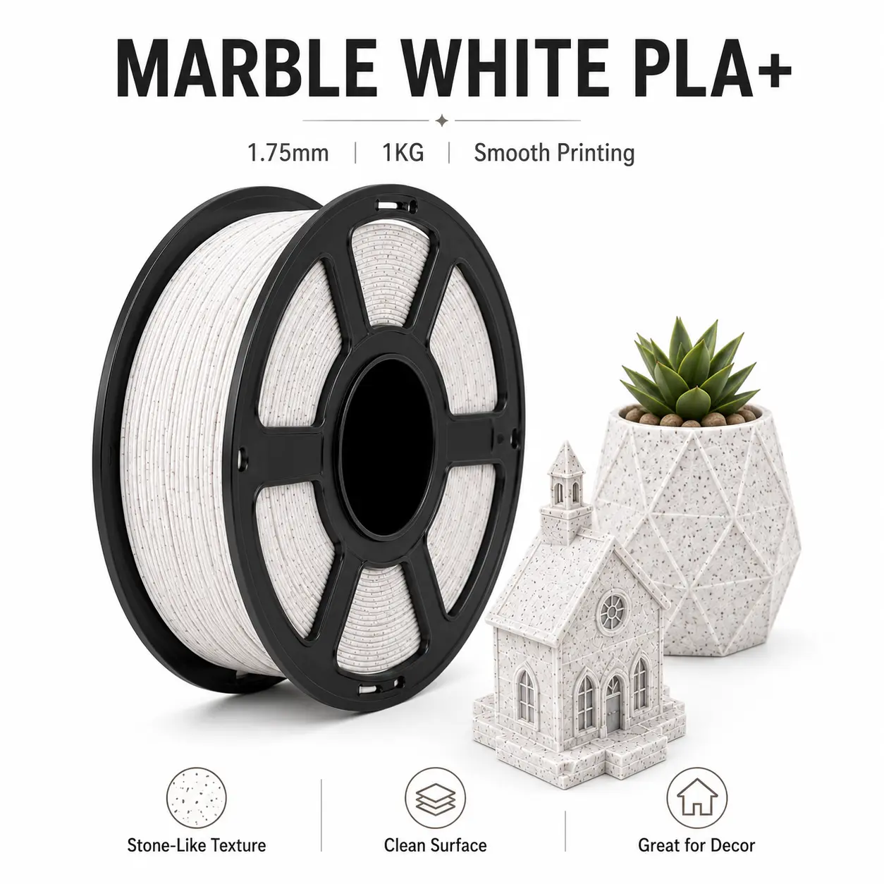 HELOLAND Marble White PLA Plus Filament 1.75mm 1KG, Stone Speckled 3D Printer Filament with Smooth Extrusion, Low Warping and Clean Detail Finish for Sculptures, Vases, Home Decor, Models and Crafts