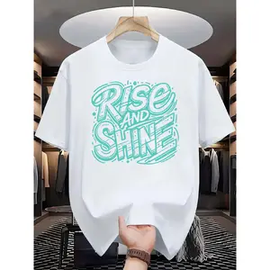 RISE AND SHINE Men's 100% Cotton T-Shirt with Bold Teal RISE AND SHINE Print - Summer Casual Short Sleeve Round Neck Top, Regular Fit for Casual Attire & Outdoor Activities, Fashionforward Top, Breathable Fabric, PLUS SIZE