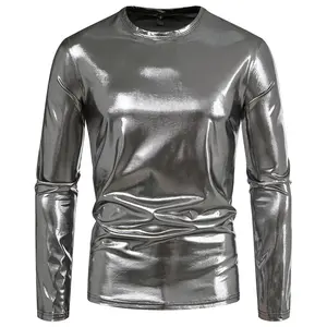 Men's Shiny Metallic T-Shirts Casual O Neck Long Sleeve Top Tees New Fashion Gold Stage Costume Disco Party NightClub Tee
