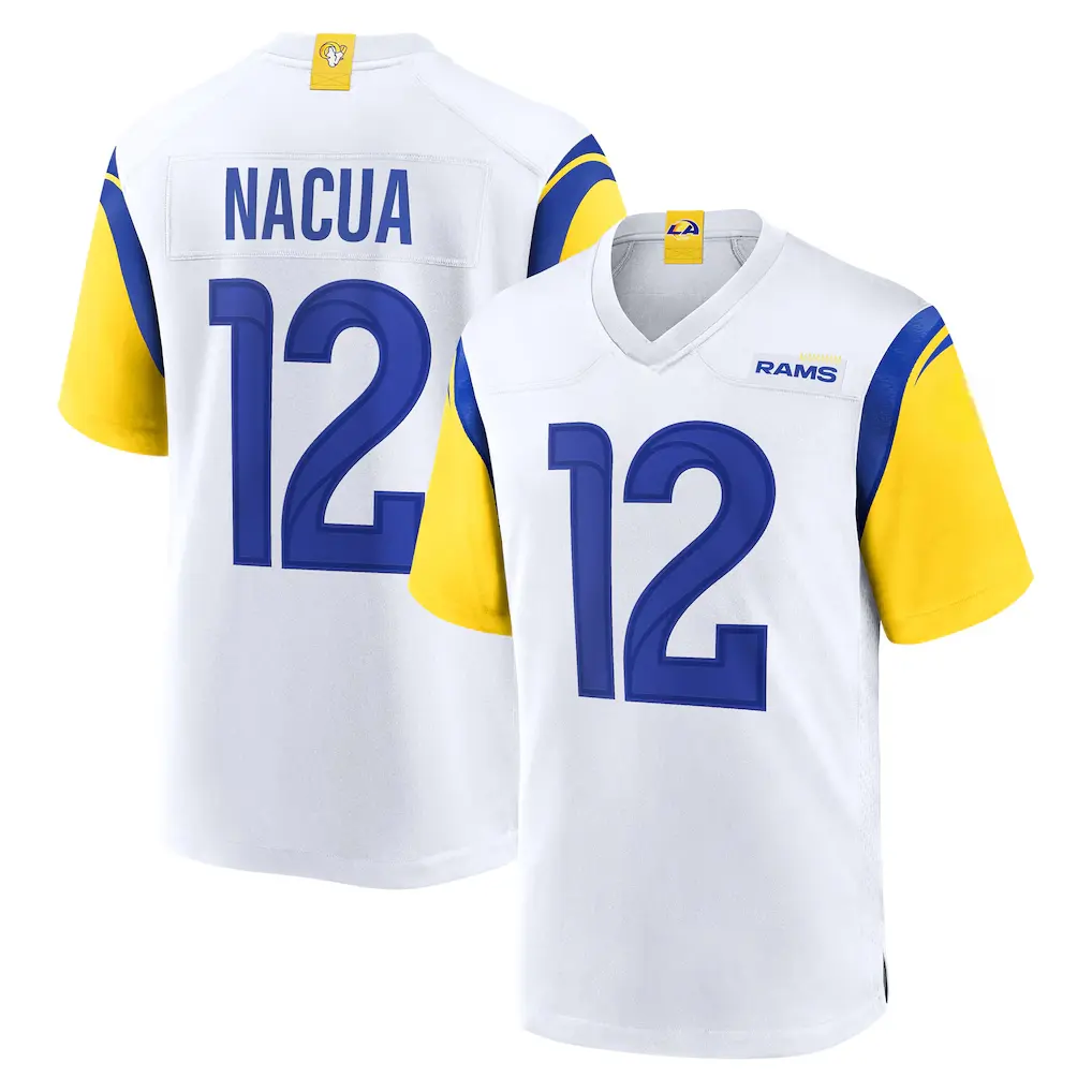 Full Print Nacua #12 Football Jersey,  Los Angeles White Royal American Football Jersey, V Neck Short Sleeve Athletic Shirt, Breathable Game Day Football Top, Football Season Fan Apparel, Player Name Number Jersey, Unisex Sportswear