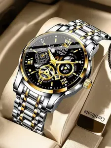 Men's Skeleton Analog Watch with Calendar, Quartz Movement, Round Dial, Casual Style, All-Season Wear, Durable Design
