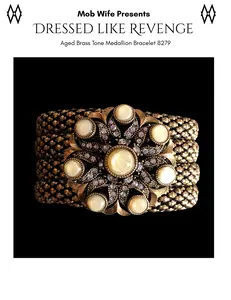 Aged Brass Tone Statement Bracelet Rhinestone Medallion Adjustable Cuff