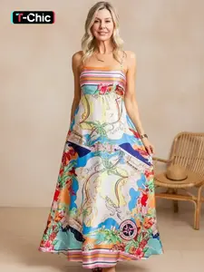 Women's All Over Print Cami Dress, Boho Casual Sleeveless Spaghetti Strap Dress for Beach Holiday Vacation, Ladies Spring & Fall Clothes