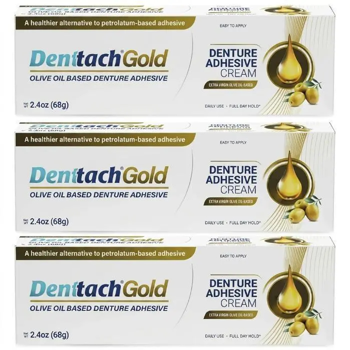 Denttach Gold Denture Adhesive, Petroleum Free Olive Oil Based Premium Denture Adhesive Cream for Full and Partial Dentures, All Day Secure Hold Denture Glue, Zinc Free, 2.4 Ounce (pack of 3)