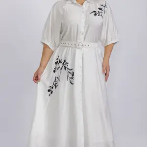 Long Dress with Embroidered Floral Design and Belted Waist for Women