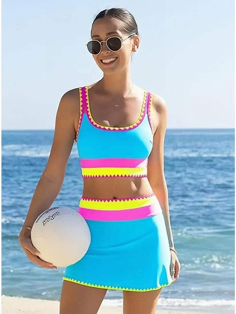 Women's 3-Piece High-Waisted Sporty Swimsuit - Tummy Control Polyester Bikini Set, Adjustable Wide Shoulder Straps, Neon Design, Swimsuit for Women, Summer Beach Sports Swimwear, Tummy Control Swimsuits For Women