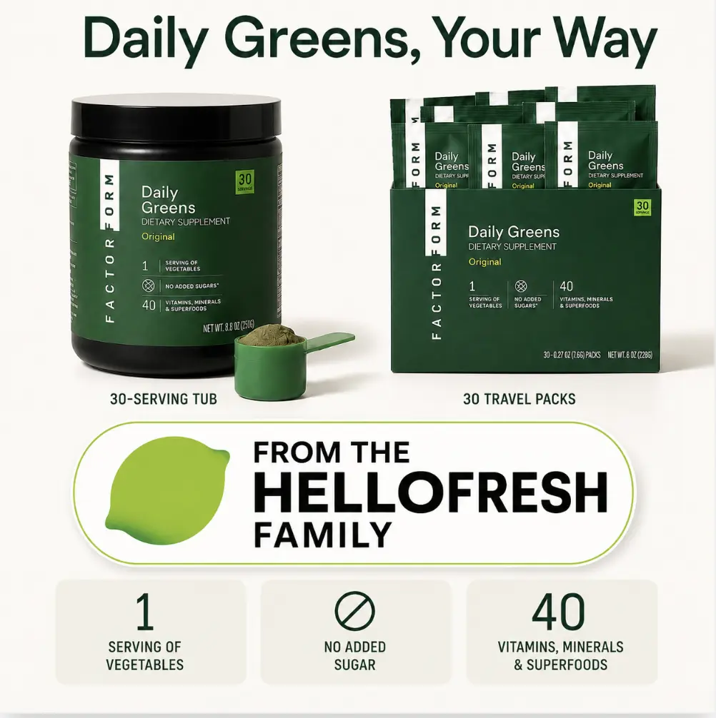 Factor Form Daily Greens Original Dietary Supplement - 2B CFU Probiotics for Gut Health, 40 Vitamins & Minerals, Superfoods for Optimal Absorption, Smooth & Nutrient-Dense