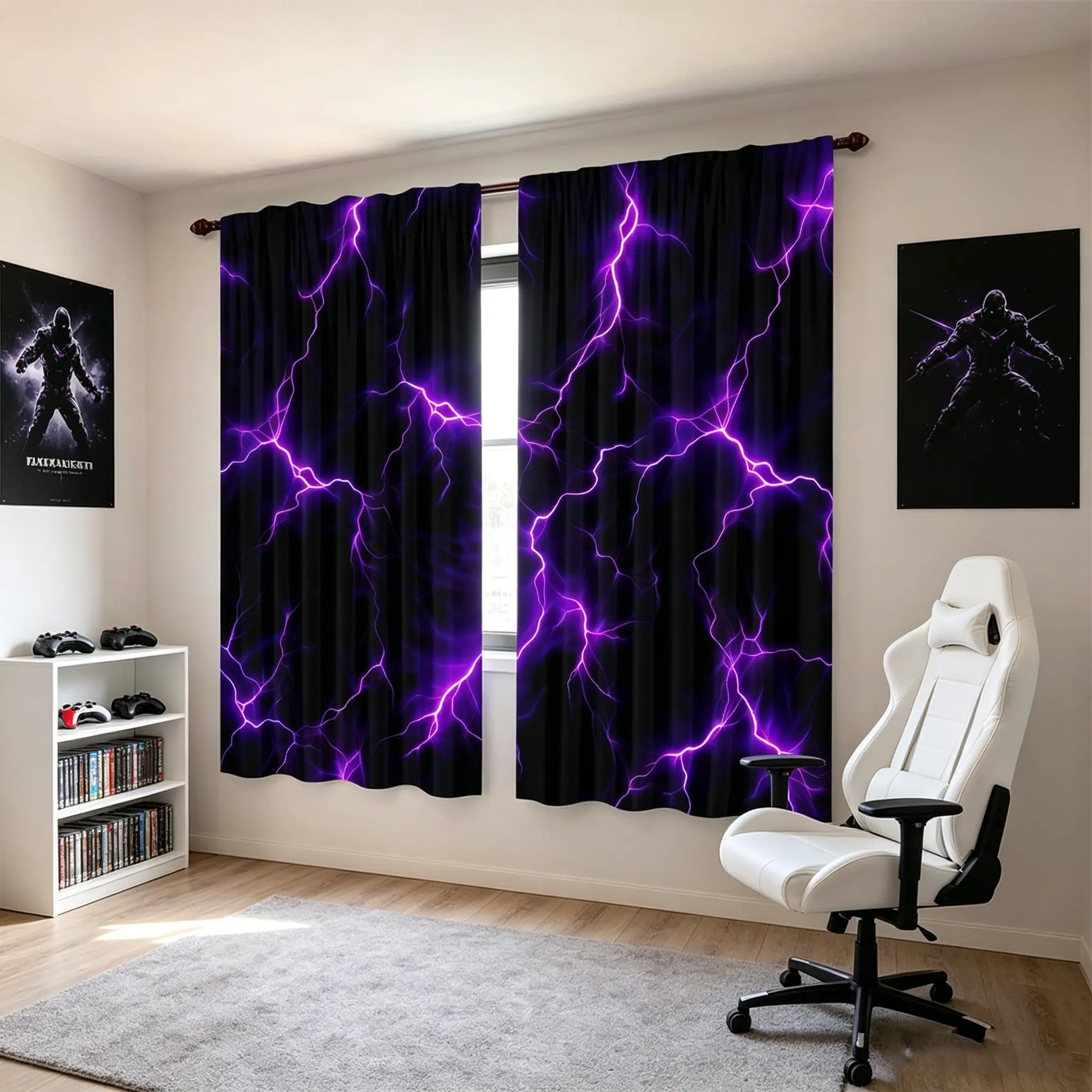 2-piece set of black purple lightning pattern curtains - machine washable semi transparent polyester fiber material, modern design, home decorator, Home Decorative Curtain, 2D flat, bedroom and living room curtains, kitchen curtains, Window Curtain